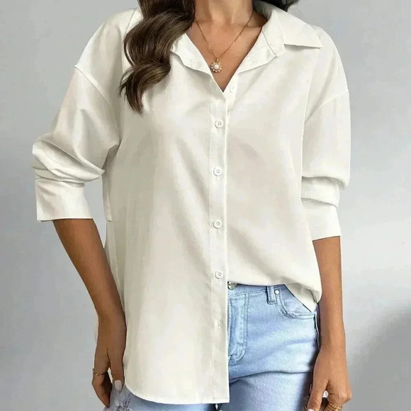 Apricot Casual Women's Solid Color Drop Shoulder Long Sleeve Back Pleated Shirt - Picture 3 of 5